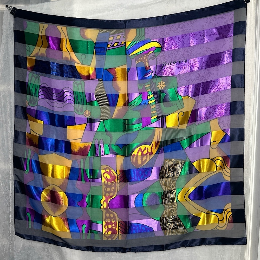 Vintage Picasso Multi Colored Cubist‎ Abstract Artsy Silk Scarf Wrap Tapestry - Picture 14 of 14